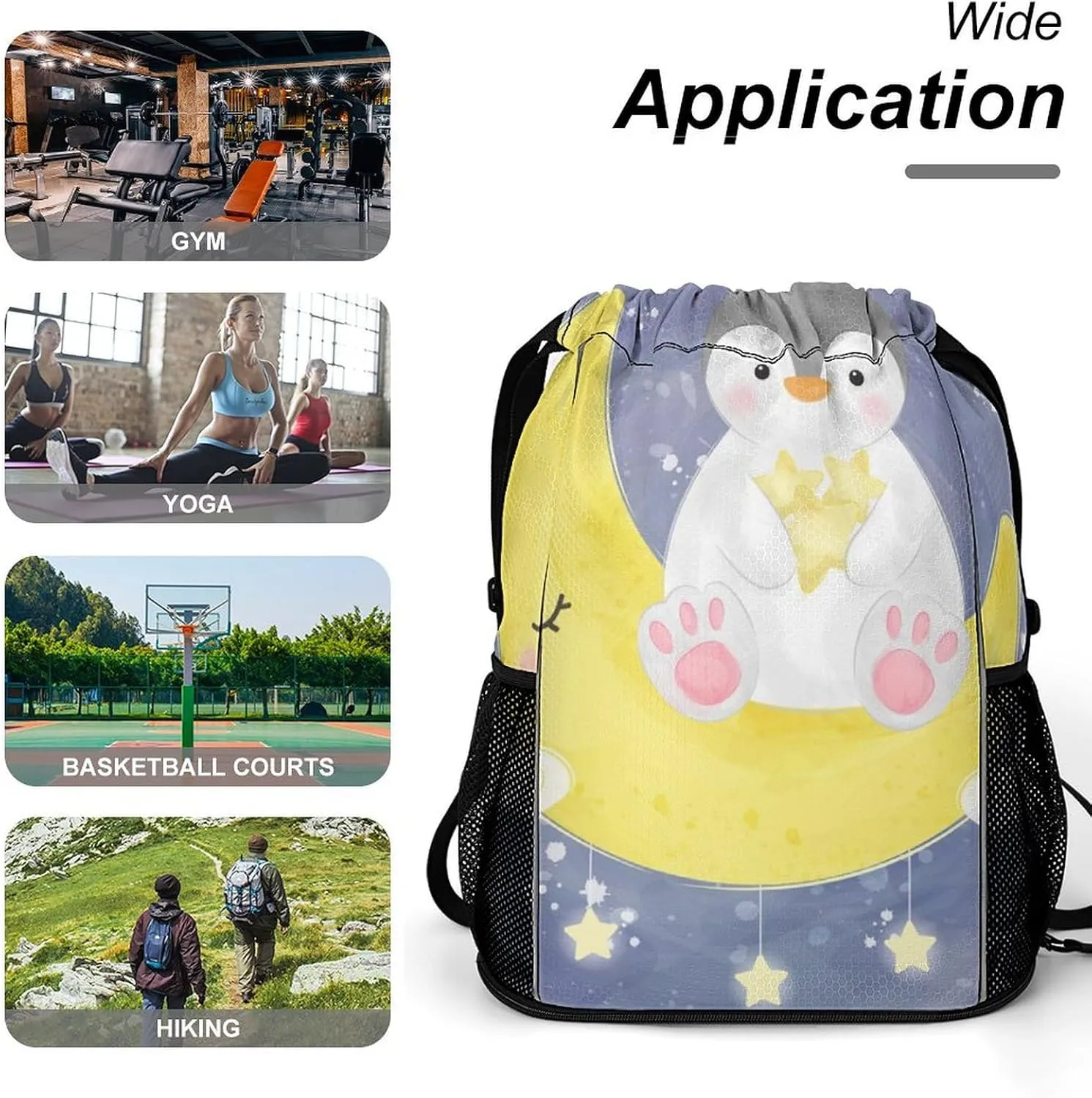 Women Drawstring Zipper Backpack Gym Bag Compatible with Cute Penguin, Waterproof Polyester Outdoor Drawstring String Backpack Party Supplies Gift Sports Bag