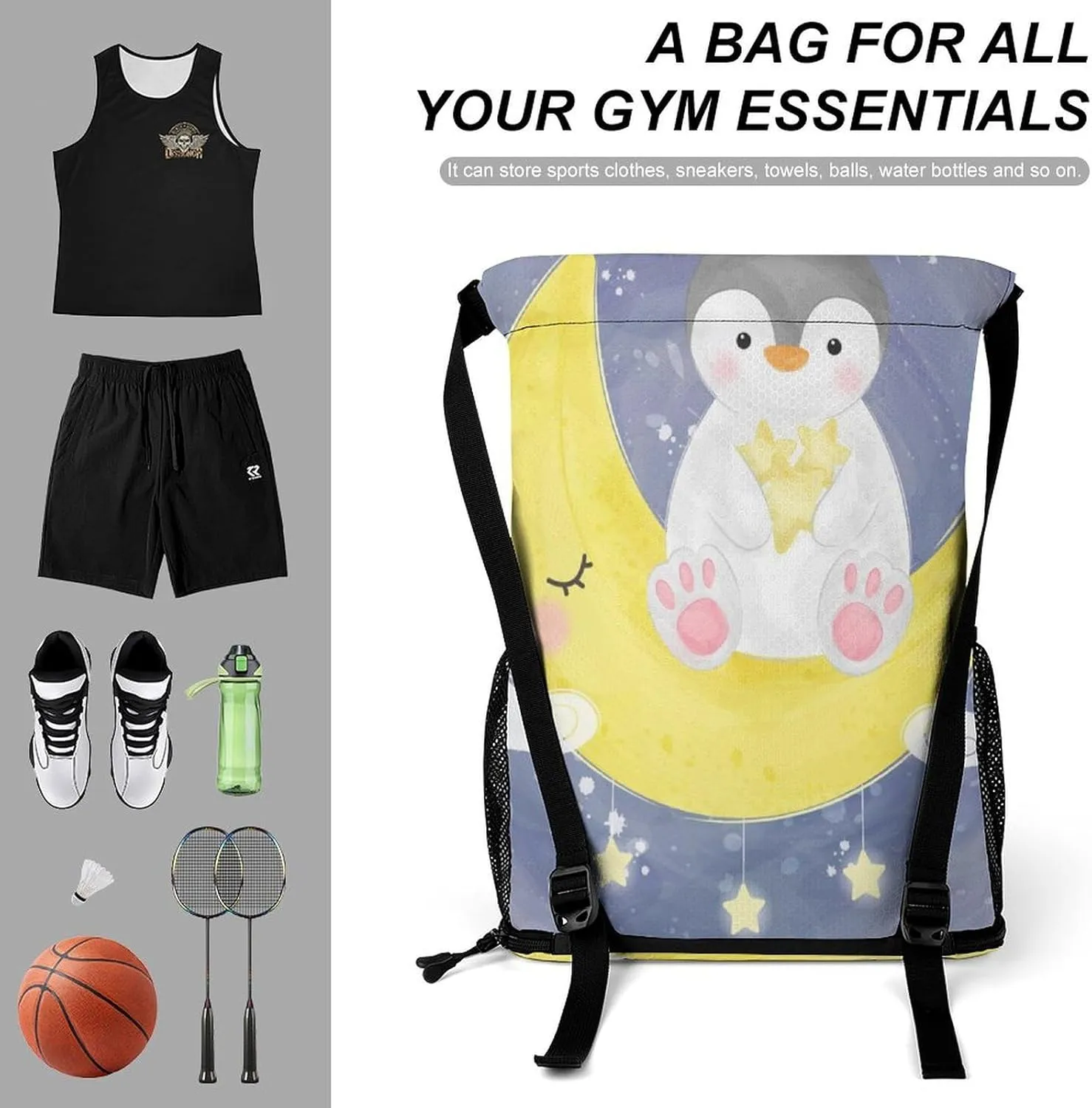 Women Drawstring Zipper Backpack Gym Bag Compatible with Cute Penguin, Waterproof Polyester Outdoor Drawstring String Backpack Party Supplies Gift Sports Bag