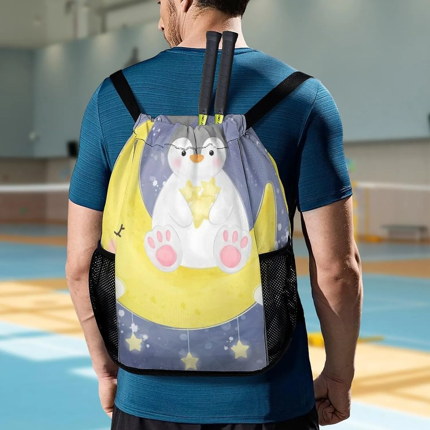 Women Drawstring Zipper Backpack Gym Bag Compatible with Cute Penguin, Waterproof Polyester Outdoor Drawstring String Backpack Party Supplies Gift Sports Bag
