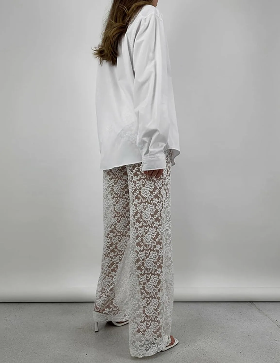 Women Floral Lace Sheer Mesh Pants Sexy Elastic Low Waist See Through Flare Bell Trouser Y2K Wide Leg Club Bottoms