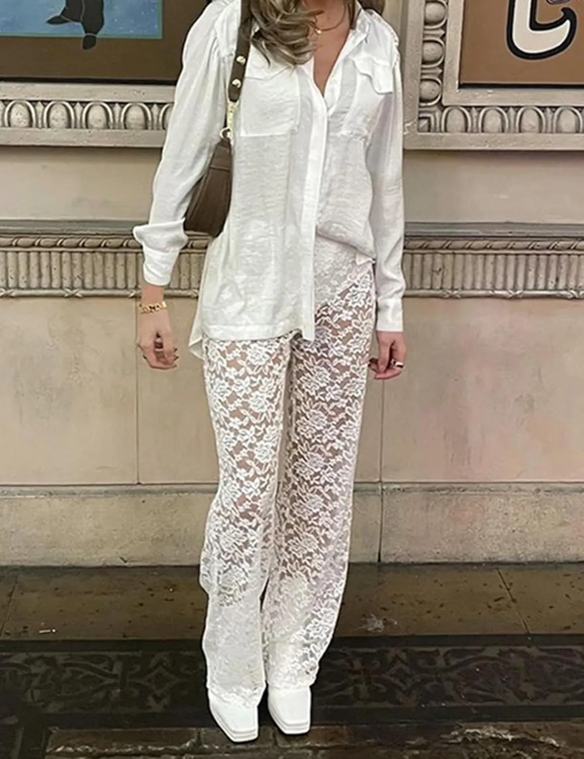 Women Floral Lace Sheer Mesh Pants Sexy Elastic Low Waist See Through Flare Bell Trouser Y2K Wide Leg Club Bottoms