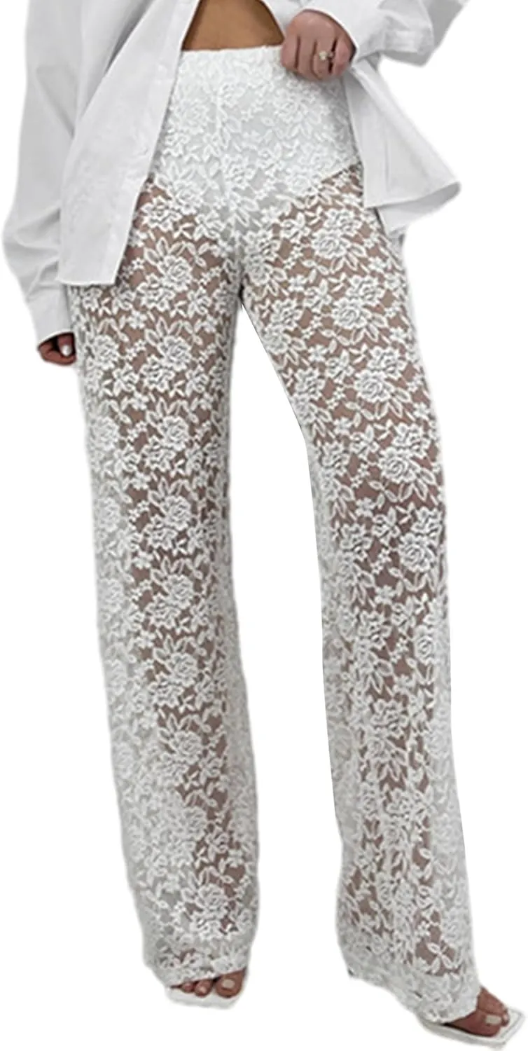 Women Floral Lace Sheer Mesh Pants Sexy Elastic Low Waist See Through Flare Bell Trouser Y2K Wide Leg Club Bottoms
