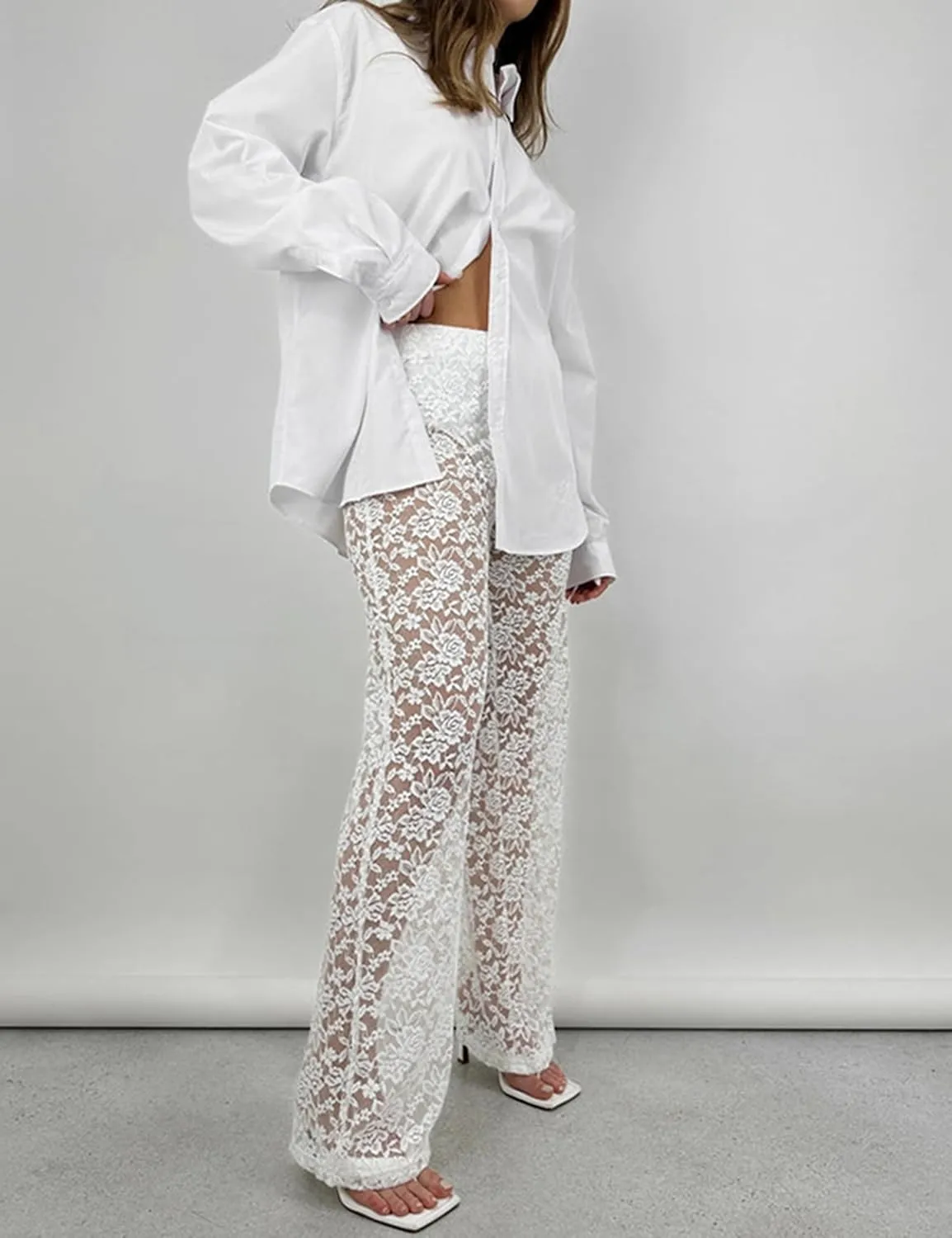 Women Floral Lace Sheer Mesh Pants Sexy Elastic Low Waist See Through Flare Bell Trouser Y2K Wide Leg Club Bottoms