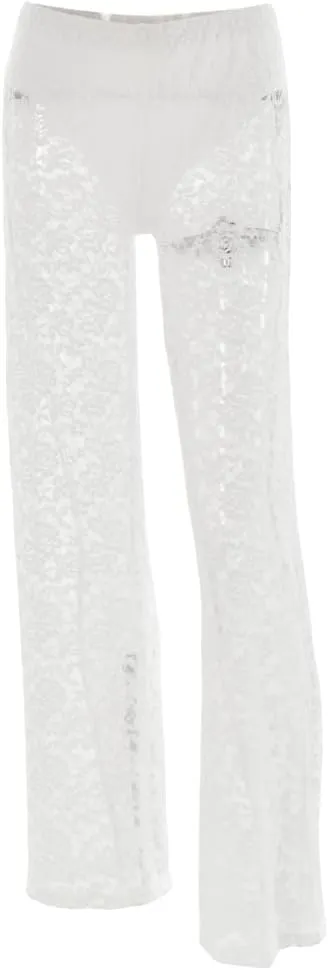 Women Floral Lace Sheer Mesh Pants Sexy Elastic Low Waist See Through Flare Bell Trouser Y2K Wide Leg Club Bottoms