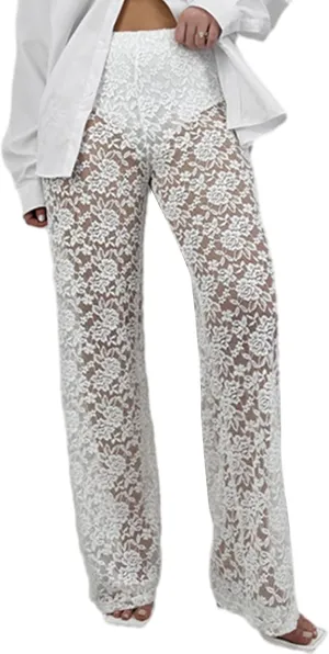 Women Floral Lace Sheer Mesh Pants Sexy Elastic Low Waist See Through Flare Bell Trouser Y2K Wide Leg Club Bottoms