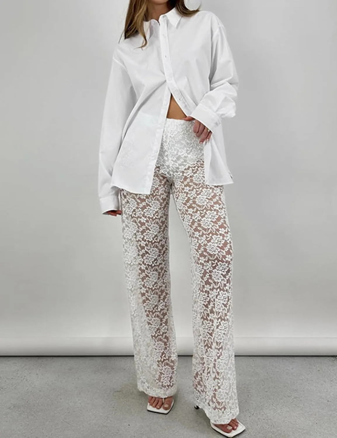 Women Floral Lace Sheer Mesh Pants Sexy Elastic Low Waist See Through Flare Bell Trouser Y2K Wide Leg Club Bottoms