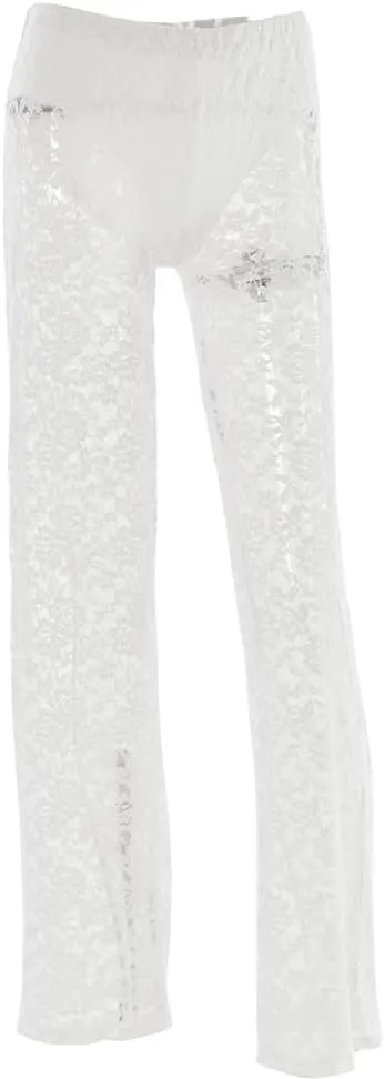 Women Floral Lace Sheer Mesh Pants Sexy Elastic Low Waist See Through Flare Bell Trouser Y2K Wide Leg Club Bottoms