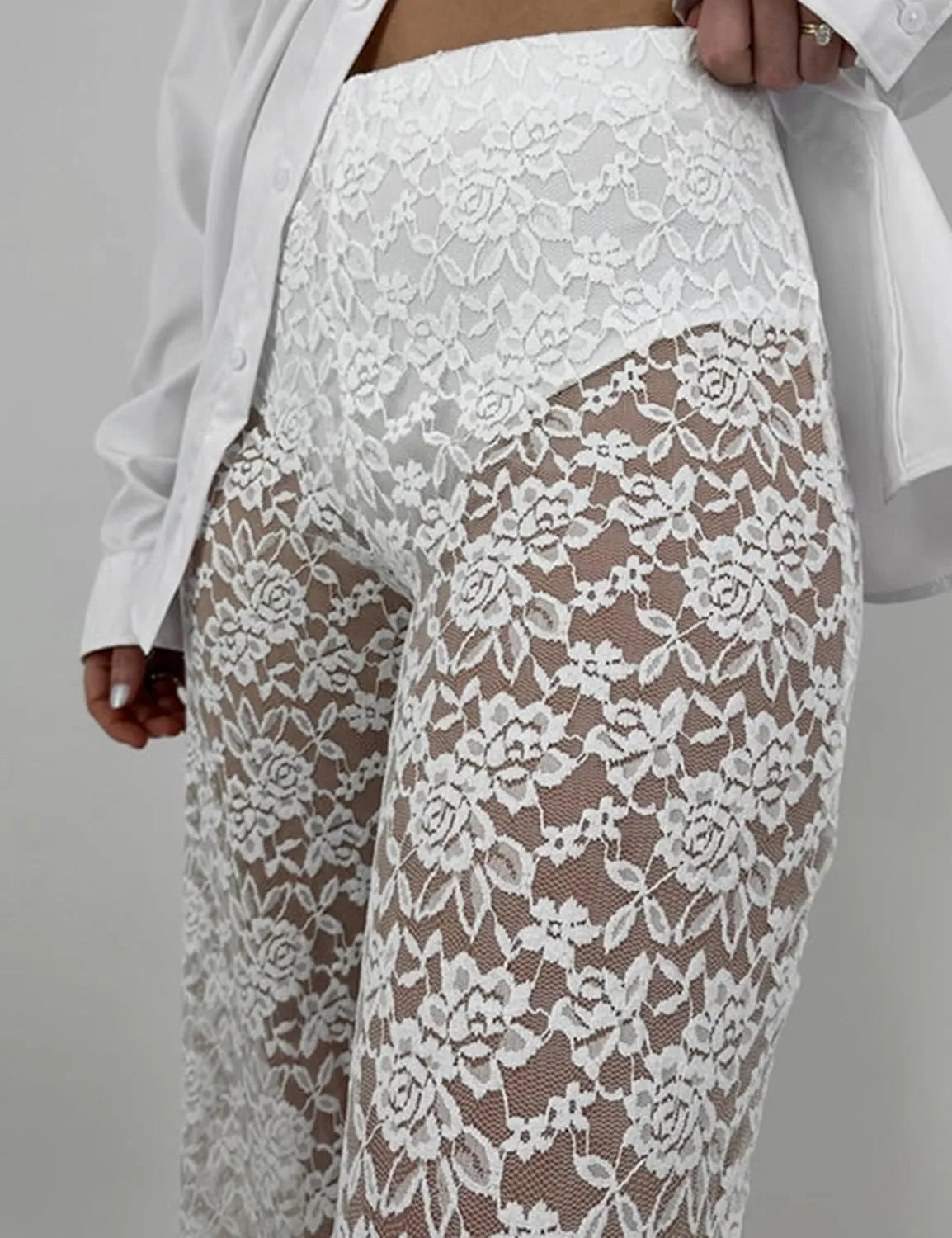 Women Floral Lace Sheer Mesh Pants Sexy Elastic Low Waist See Through Flare Bell Trouser Y2K Wide Leg Club Bottoms