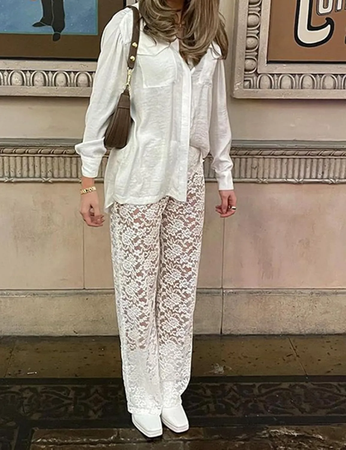 Women Floral Lace Sheer Mesh Pants Sexy Elastic Low Waist See Through Flare Bell Trouser Y2K Wide Leg Club Bottoms