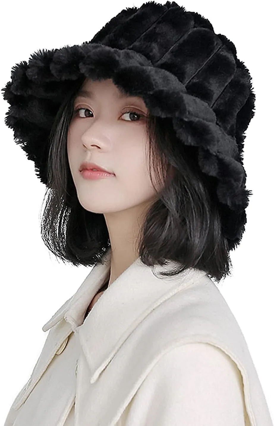 Women Furry Bucket Hat Faux Fur Warm Winter Hat Soft Fuzzy Cloche Hats Windproof Outdoor Casual Hats Plush Fisherman Cap Black