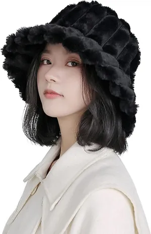 Women Furry Bucket Hat Faux Fur Warm Winter Hat Soft Fuzzy Cloche Hats Windproof Outdoor Casual Hats Plush Fisherman Cap Black