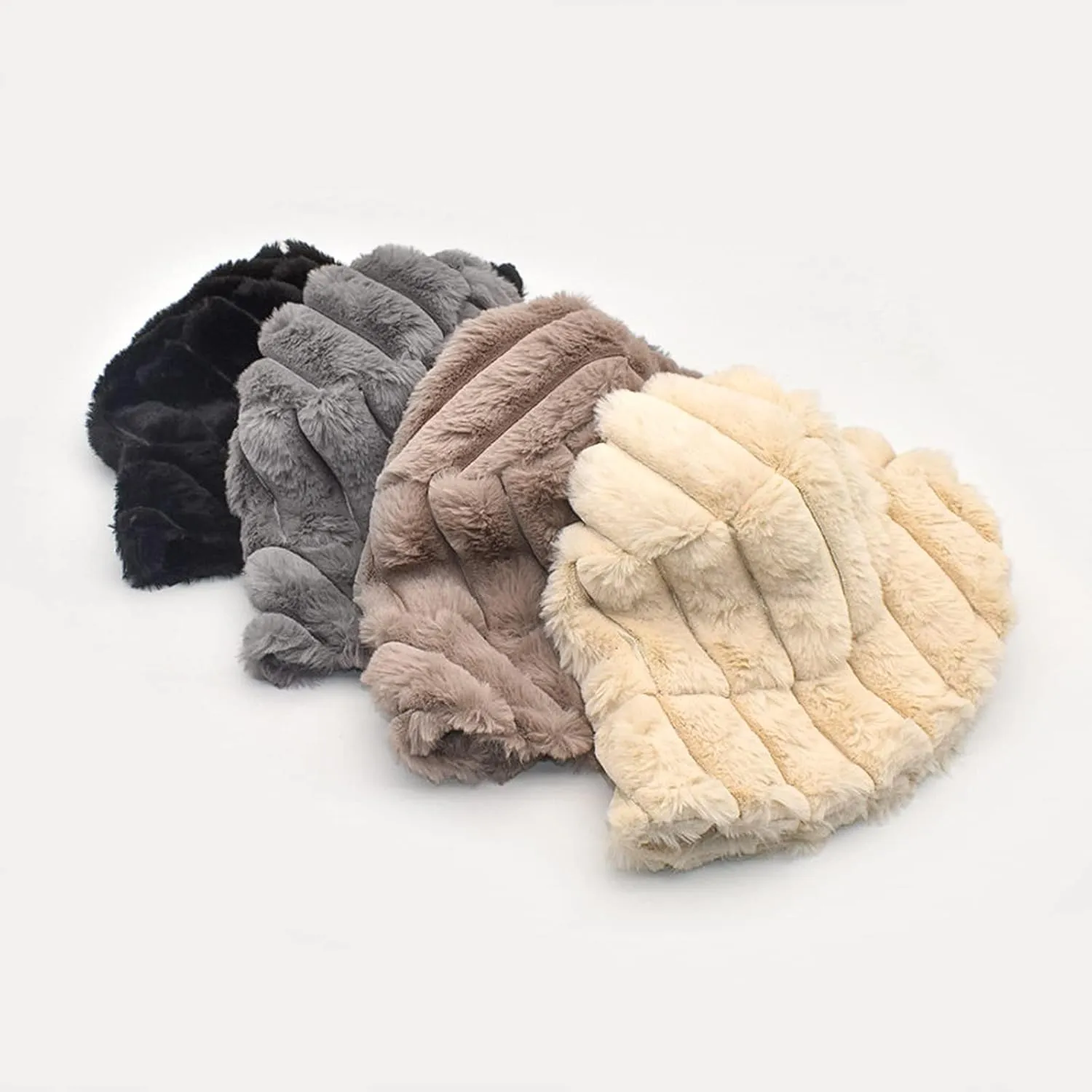 Women Furry Bucket Hat Faux Fur Warm Winter Hat Soft Fuzzy Cloche Hats Windproof Outdoor Casual Hats Plush Fisherman Cap Black
