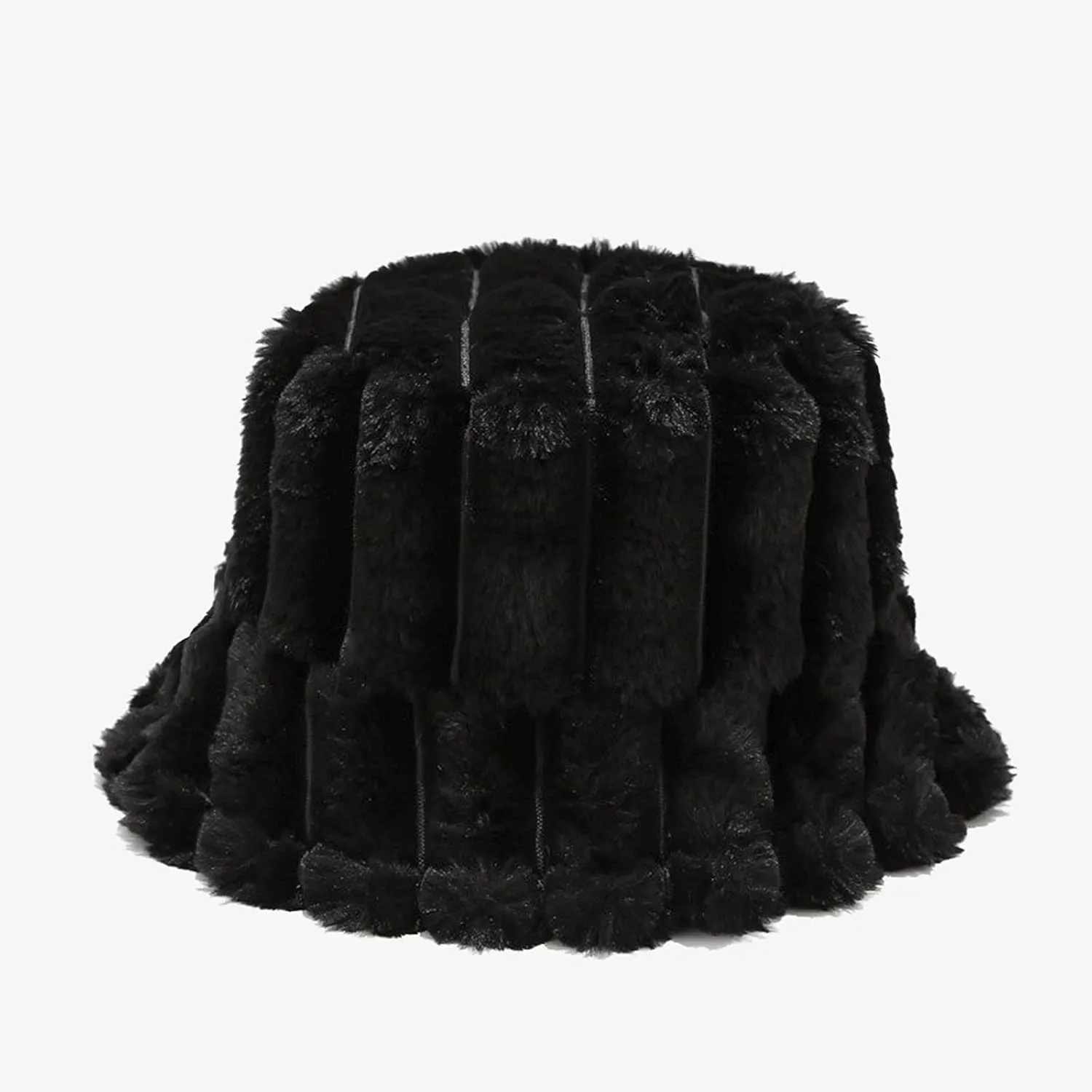 Women Furry Bucket Hat Faux Fur Warm Winter Hat Soft Fuzzy Cloche Hats Windproof Outdoor Casual Hats Plush Fisherman Cap Black