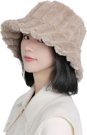 Women Furry Bucket Hat Faux Fur Warm Winter Hat Soft Fuzzy Cloche Hats Windproof Outdoor Casual Hats Plush Fisherman Cap Khaki