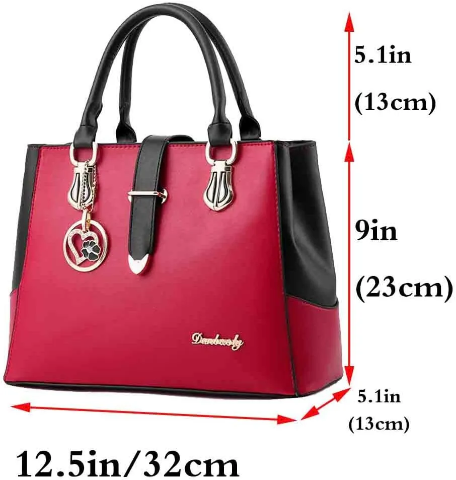 Women Handbag and Purse Stitching Shoulder Top-handle Bag Tote with Heart-shaped Pendant