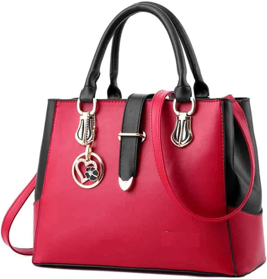 Women Handbag and Purse Stitching Shoulder Top-handle Bag Tote with Heart-shaped Pendant