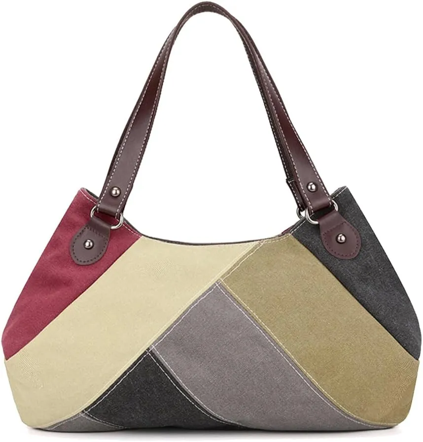 Women Handbag Multi-Color Splice Striped Shoulder Bag Canvas Tote Bag Large Capacity Top Handle Bag Casual Hobo Bag