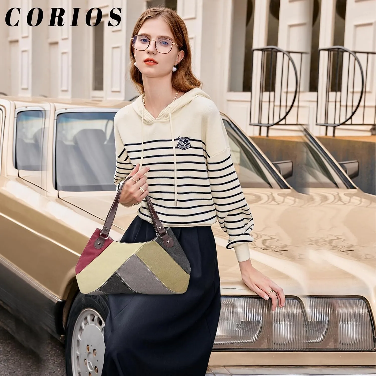 Women Handbag Multi-Color Splice Striped Shoulder Bag Canvas Tote Bag Large Capacity Top Handle Bag Casual Hobo Bag