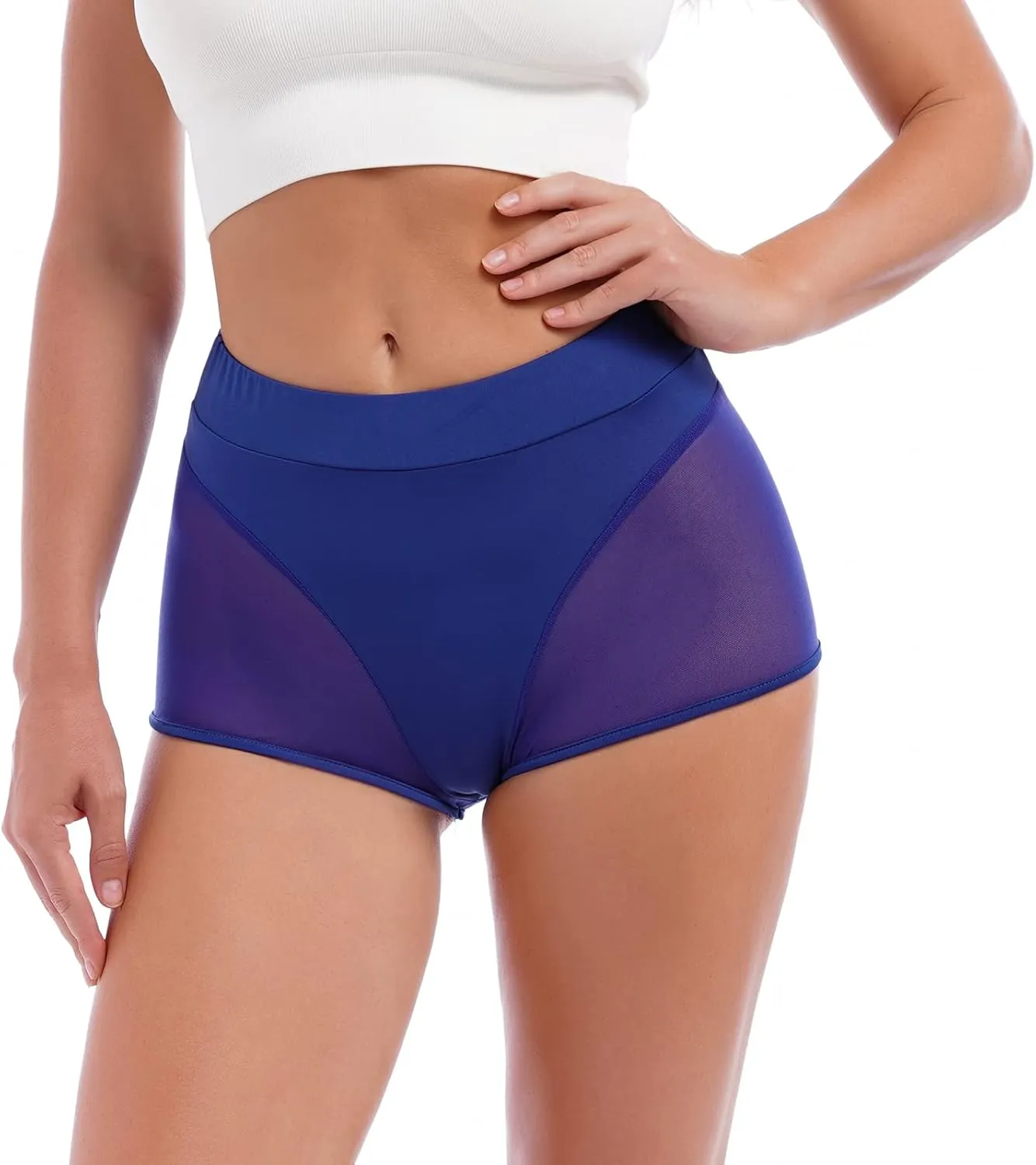 Women High Waist Mesh Tulle Spliced Activewear Yoga Shorts Dance Bottoms Rave Booty Shorts Mini Hot Pants
