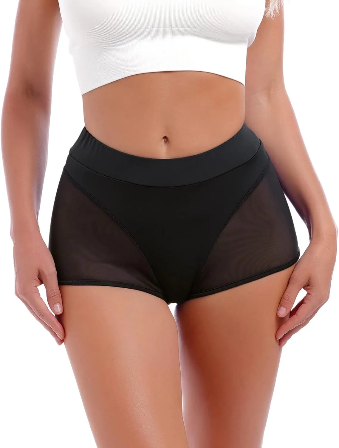 Women High Waist Mesh Tulle Spliced Activewear Yoga Shorts Dance Bottoms Rave Booty Shorts Mini Hot Pants