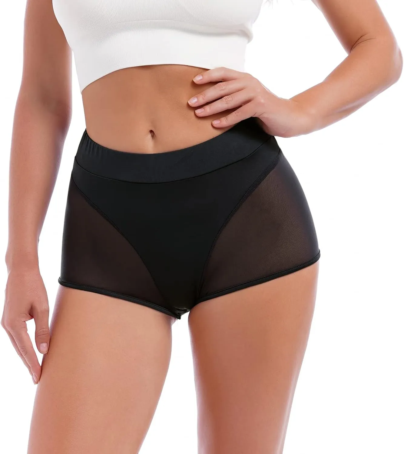 Women High Waist Mesh Tulle Spliced Activewear Yoga Shorts Dance Bottoms Rave Booty Shorts Mini Hot Pants