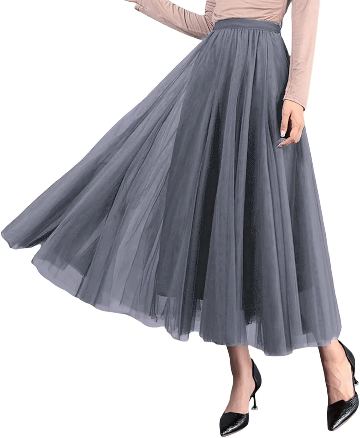 Women Mesh Skirt Solid Multilayer Pleated High Waist Lace Long Tulle Skirts for Wedding Party