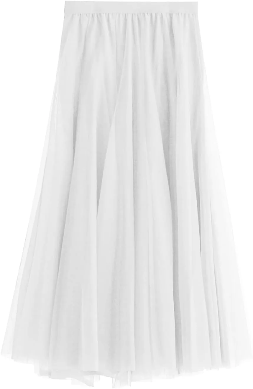 Women Mesh Skirt Solid Multilayer Pleated High Waist Lace Long Tulle Skirts for Wedding Party