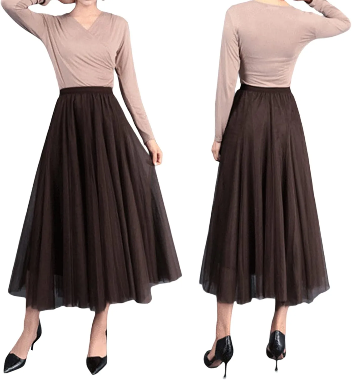 Women Mesh Skirt Solid Multilayer Pleated High Waist Lace Long Tulle Skirts for Wedding Party