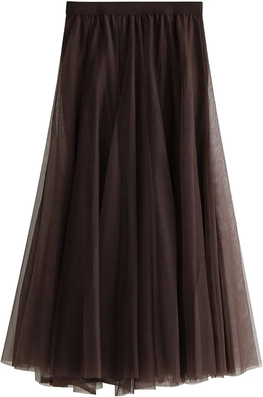Women Mesh Skirt Solid Multilayer Pleated High Waist Lace Long Tulle Skirts for Wedding Party