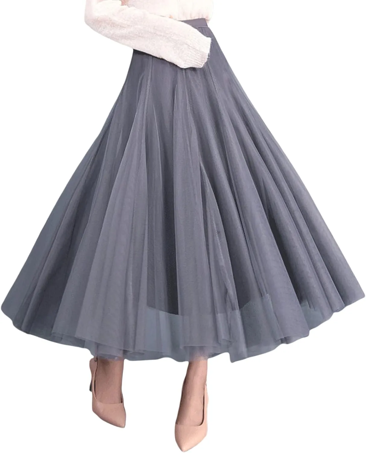 Women Mesh Skirt Solid Multilayer Pleated High Waist Lace Long Tulle Skirts for Wedding Party