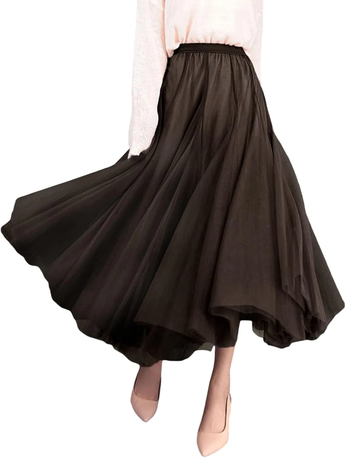 Women Mesh Skirt Solid Multilayer Pleated High Waist Lace Long Tulle Skirts for Wedding Party