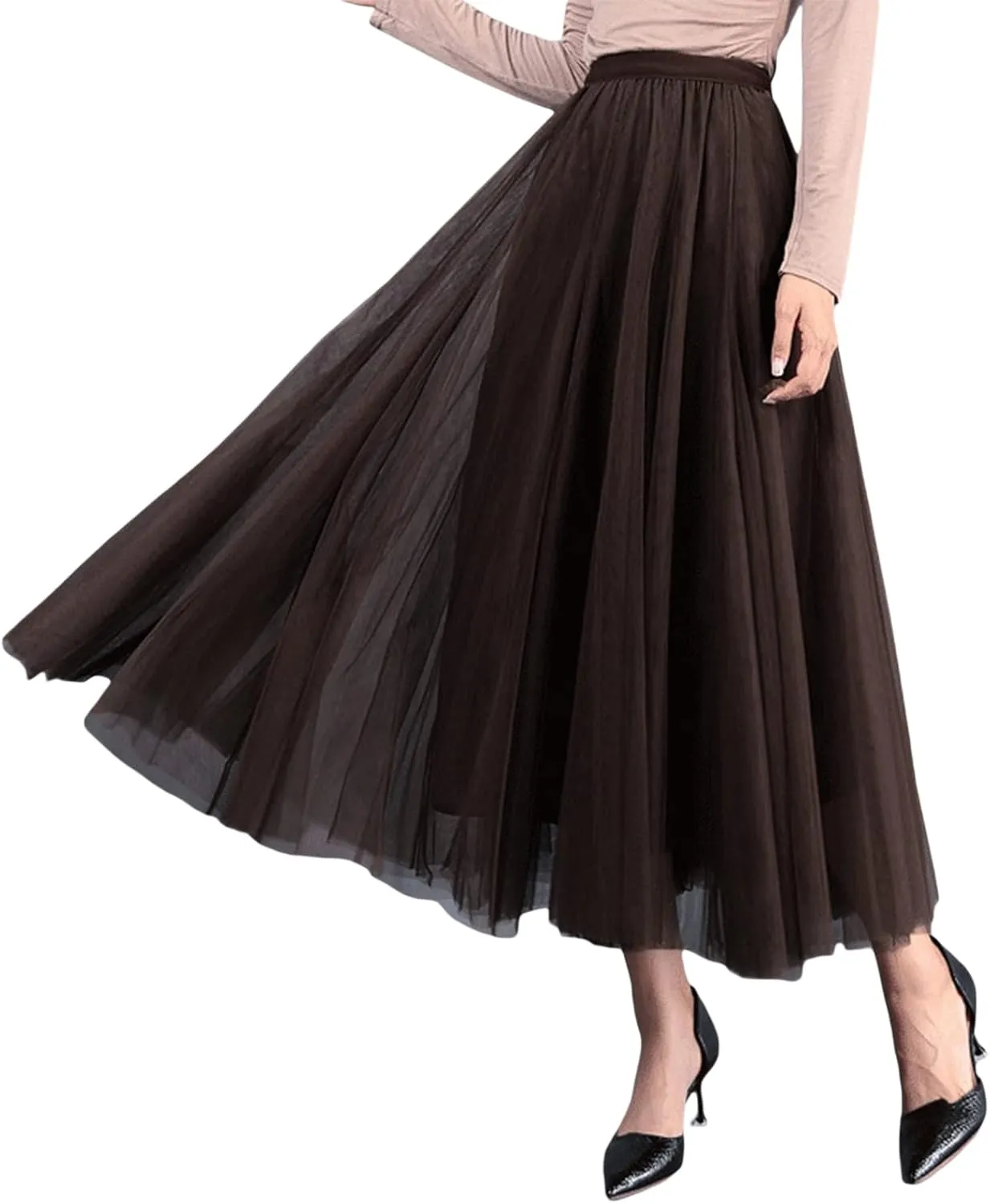 Women Mesh Skirt Solid Multilayer Pleated High Waist Lace Long Tulle Skirts for Wedding Party