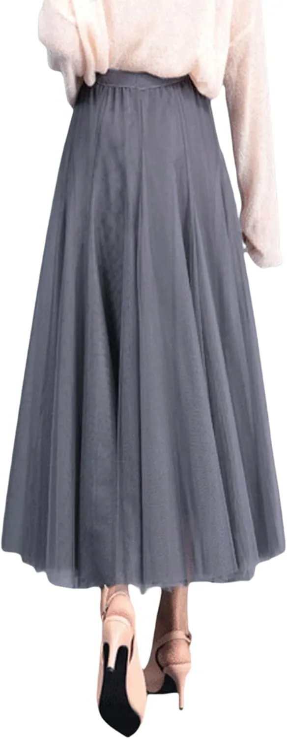 Women Mesh Skirt Solid Multilayer Pleated High Waist Lace Long Tulle Skirts for Wedding Party