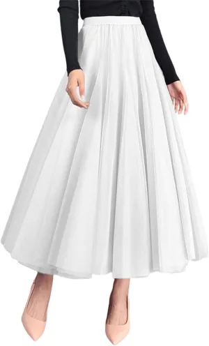 Women Mesh Skirt Solid Multilayer Pleated High Waist Lace Long Tulle Skirts for Wedding Party