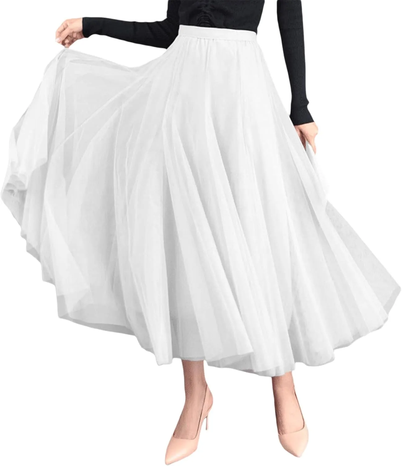 Women Mesh Skirt Solid Multilayer Pleated High Waist Lace Long Tulle Skirts for Wedding Party