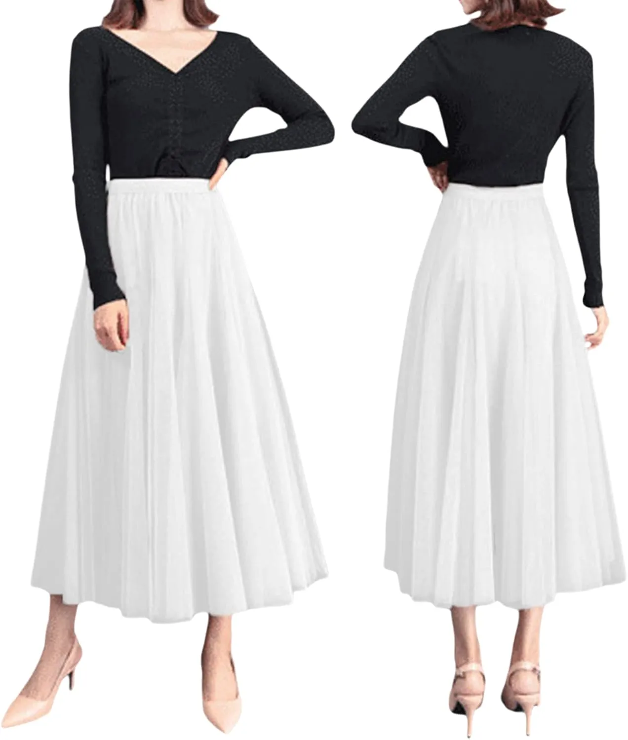 Women Mesh Skirt Solid Multilayer Pleated High Waist Lace Long Tulle Skirts for Wedding Party