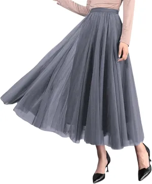 Women Mesh Skirt Solid Multilayer Pleated High Waist Lace Long Tulle Skirts for Wedding Party