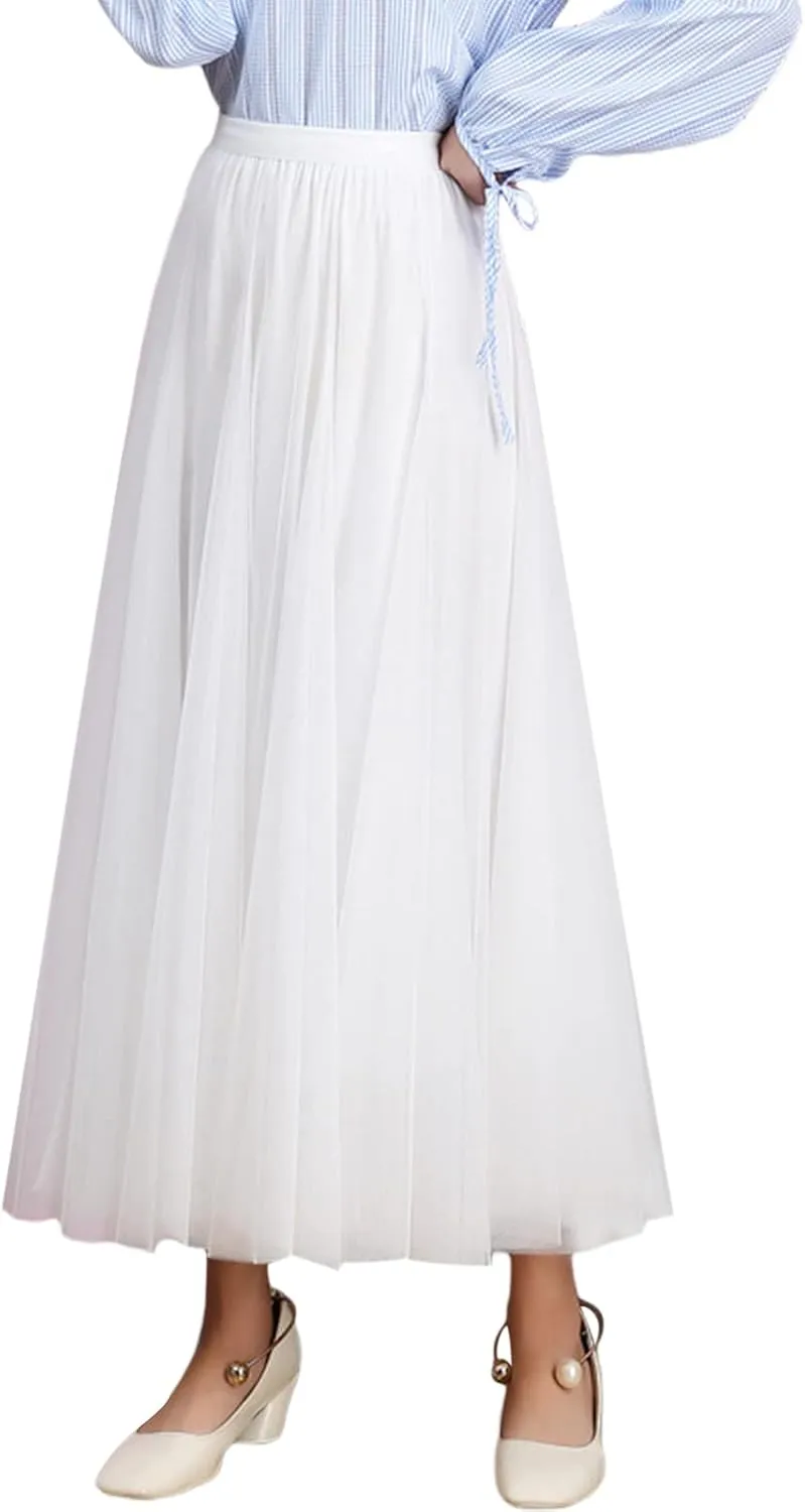 Women Mesh Skirt Solid Multilayer Pleated High Waist Lace Long Tulle Skirts for Wedding Party