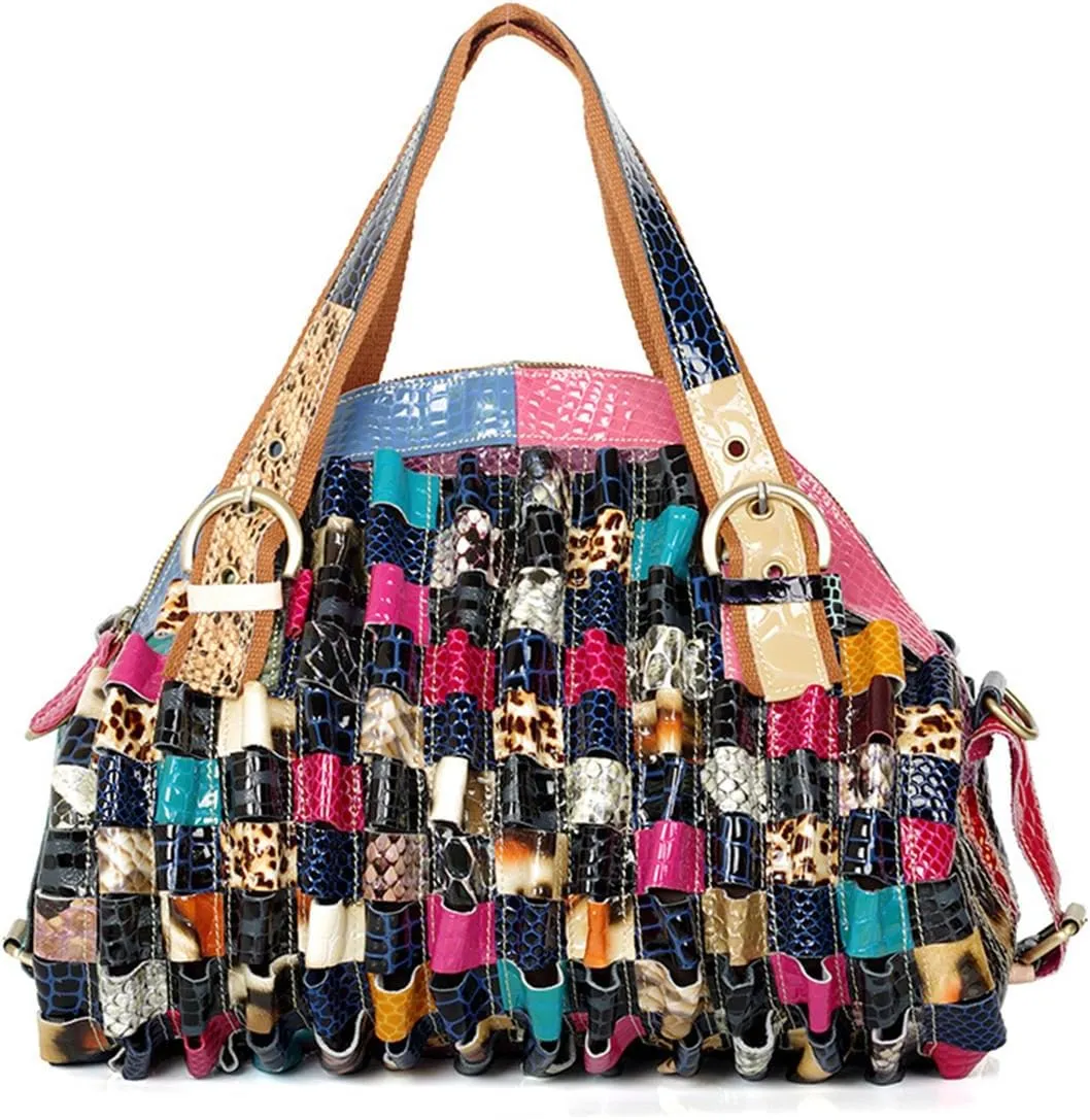 Women Multicolor Genuine Leather Hobo Tote Bag Large Boston Crossbody Colorful Handbag Purse