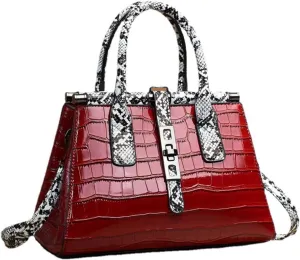 Women Patent Faux Leather Satchel Handbag Crocodile Tote Purse Snakeskin Handle Shoulder Bag,Gift for Wife/Mom,Black