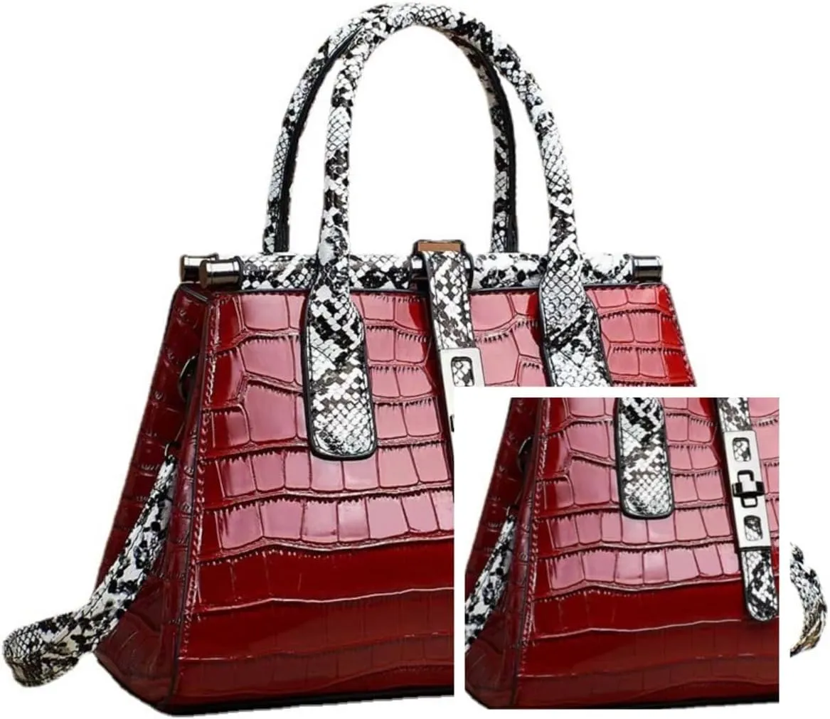 Women Patent Faux Leather Satchel Handbag Crocodile Tote Purse Snakeskin Handle Shoulder Bag,Gift for Wife/Mom,Black