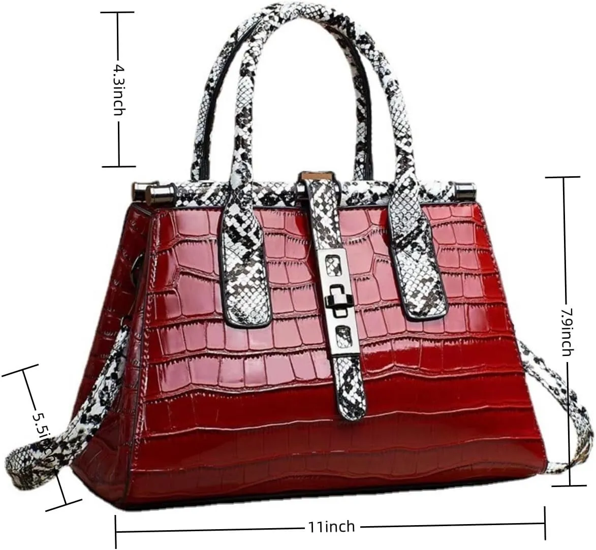Women Patent Faux Leather Satchel Handbag Crocodile Tote Purse Snakeskin Handle Shoulder Bag,Gift for Wife/Mom,Black