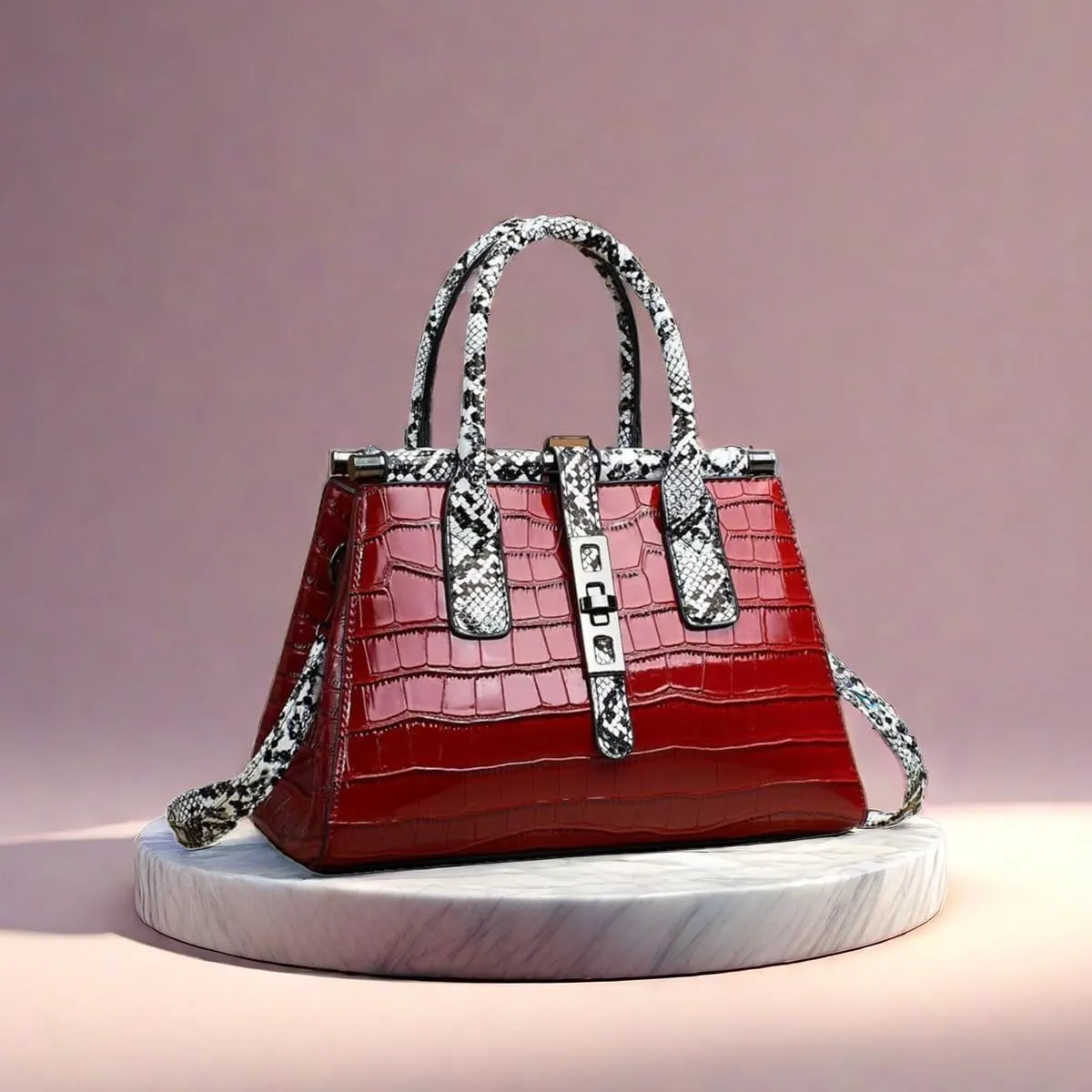 Women Patent Faux Leather Satchel Handbag Crocodile Tote Purse Snakeskin Handle Shoulder Bag,Gift for Wife/Mom,Black