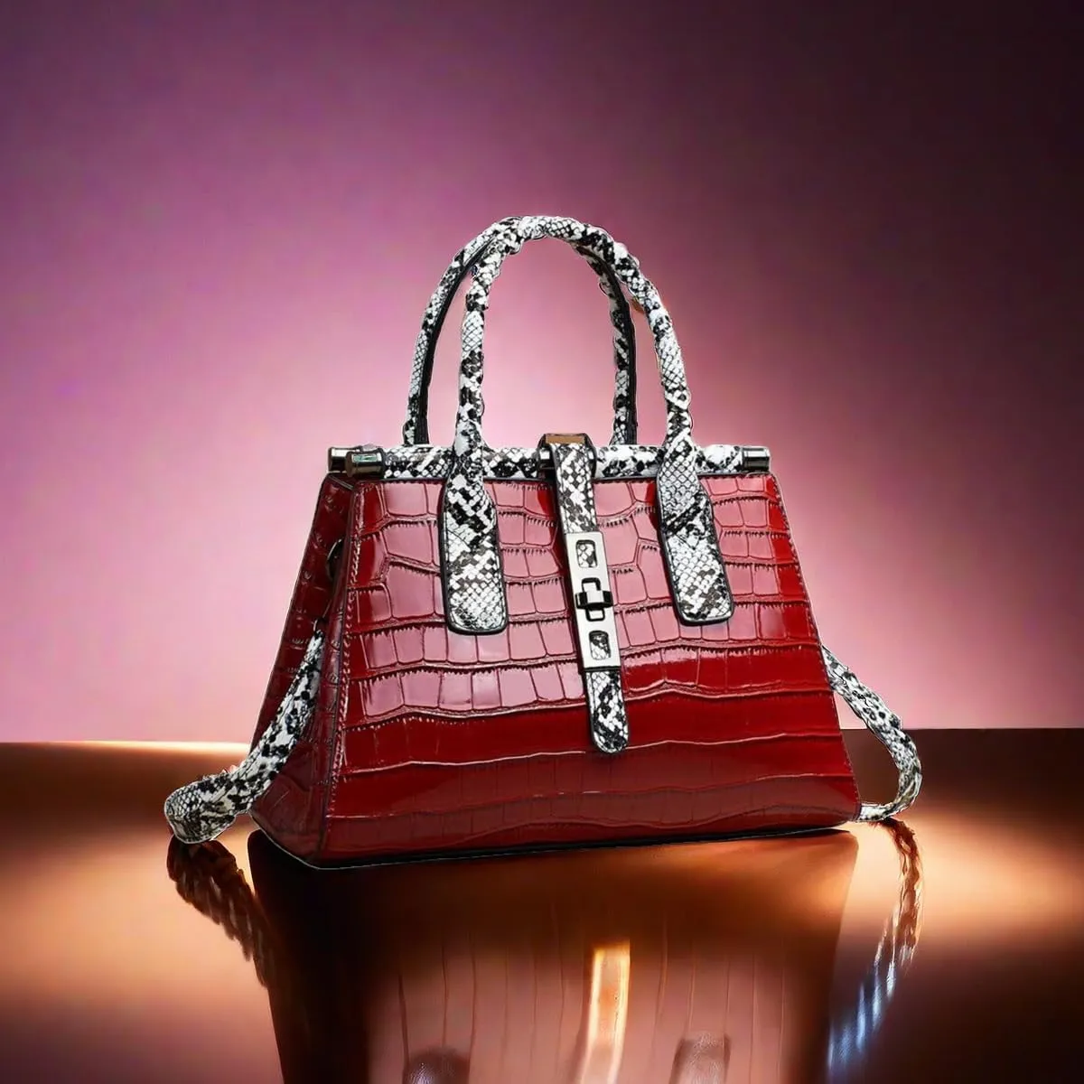 Women Patent Faux Leather Satchel Handbag Crocodile Tote Purse Snakeskin Handle Shoulder Bag,Gift for Wife/Mom,Black