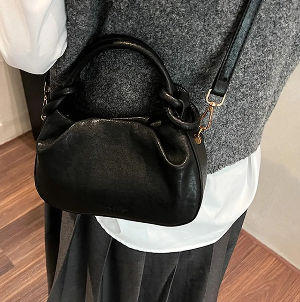Women PU Leather Crossbody Handbag Small Pleated Shoulder Bag Cloud Tote Purse Versatile Satchel
