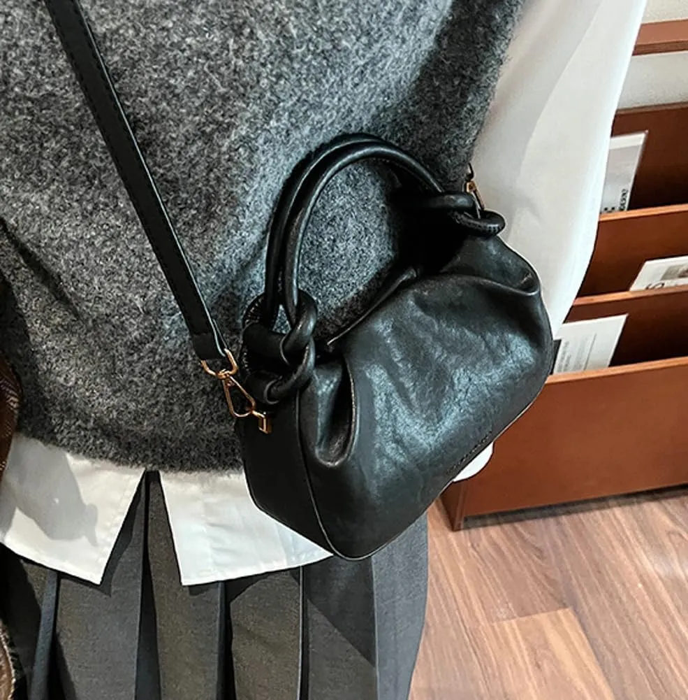 Women PU Leather Crossbody Handbag Small Pleated Shoulder Bag Cloud Tote Purse Versatile Satchel