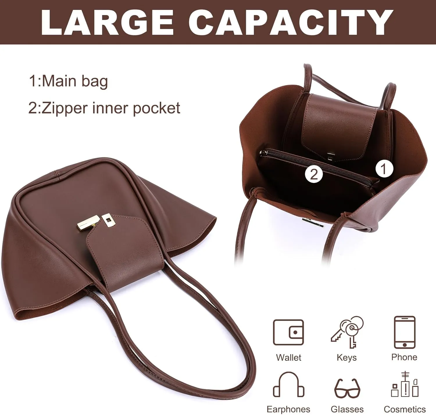 Women PU Leather Tote, Simple Tote Handbag, Large Capacity Luxury Tote Bag Adjustable Strap, Satchel Hobo Shoulder Ba
