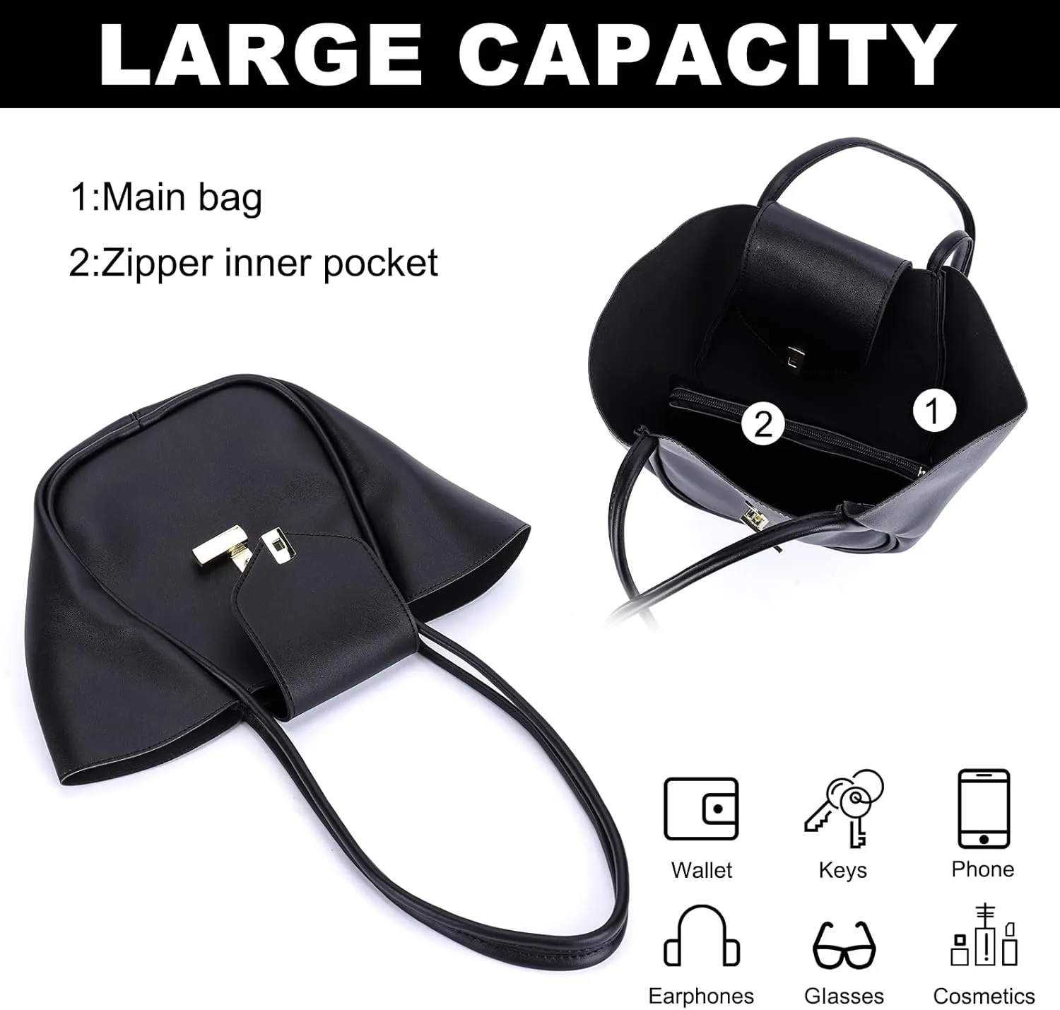 Women PU Leather Tote, Simple Tote Handbag, Large Capacity Luxury Tote Bag Adjustable Strap, Satchel Hobo Shoulder Ba