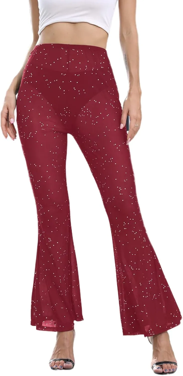 Women Rave Mesh Sheer Pants Flared Bell Bottom Pants for Dance Festival Clubwear