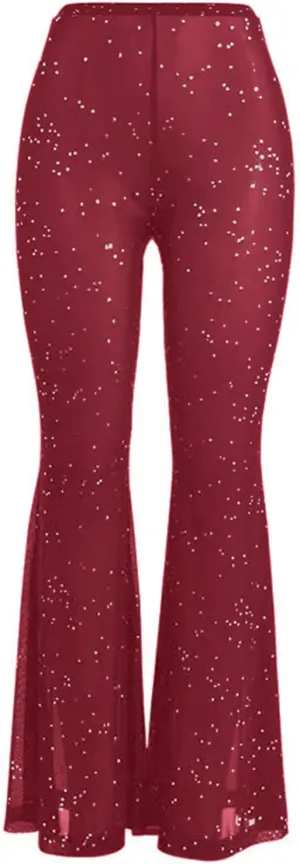 Women Rave Mesh Sheer Pants Flared Bell Bottom Pants for Dance Festival Clubwear
